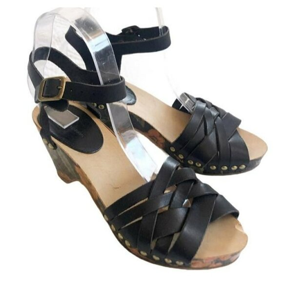 Isabel Marant Black Bianaca Leather Wooden Wedge Floral Print Sandals Eu 37 - Picture 1 of 12